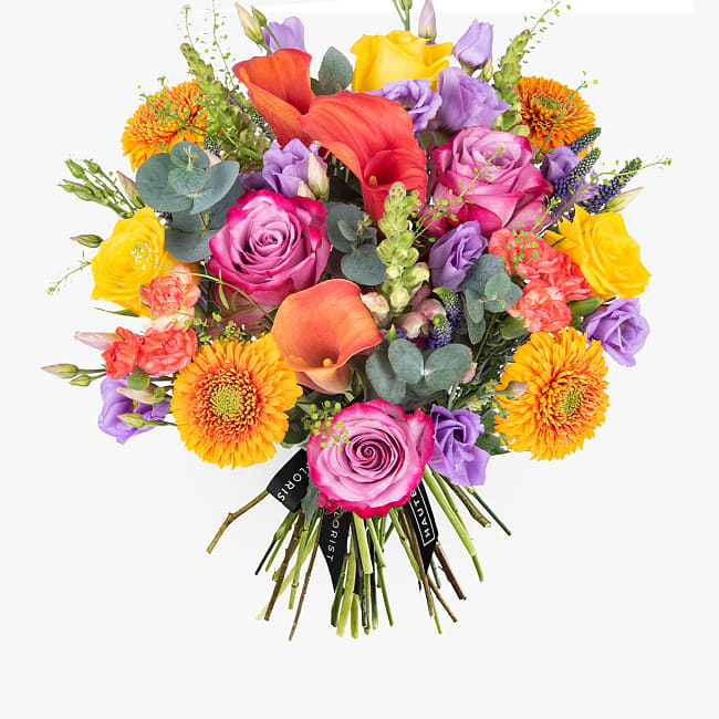 Yellow Roses, Purple Roses and Orange Calla Lilies by Haute Flowers